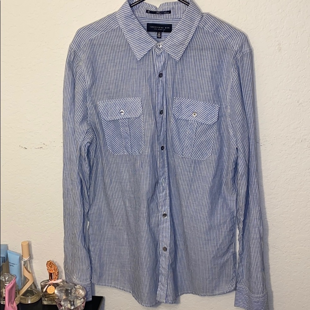 Blue and White stripped Button Up (UNISEX)